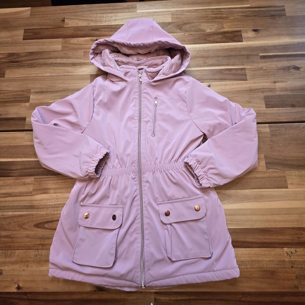 Penelope Mack Girls Pink Faux Leather Hooded Winter Coat Plush Lined Size 12